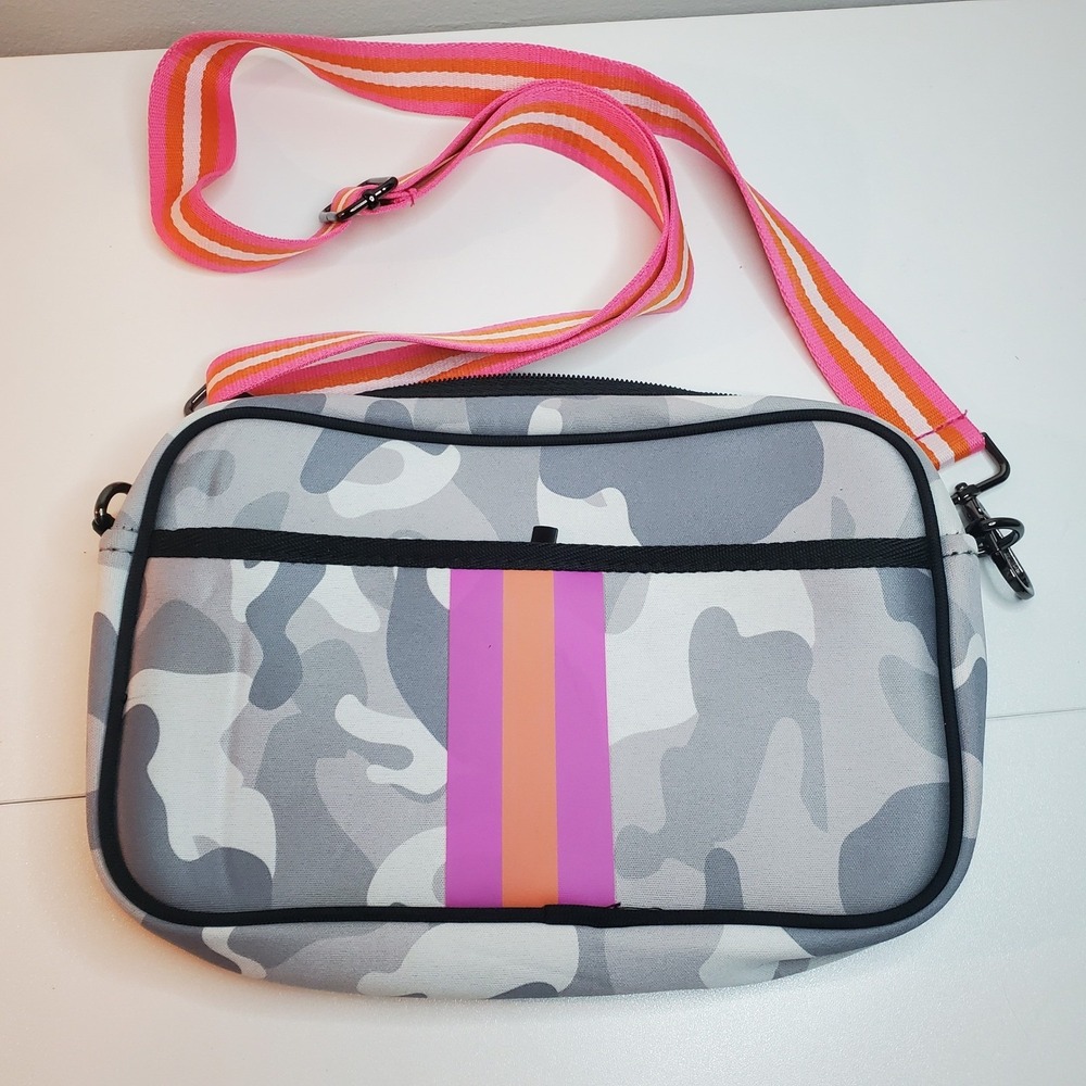 Camo Neoprene Crossbody Bag Grey Pink Orange Stripe Messenger Travel Bag